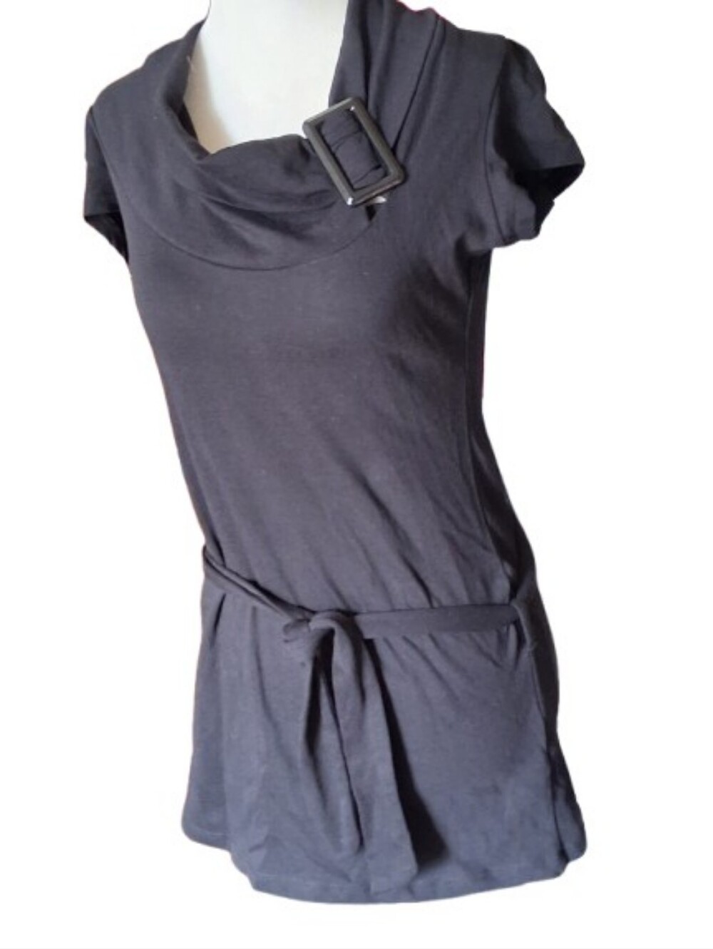NWOT European Tally Weijl Black Cap Sleeve Cow Neck Extra Long W/ Belt X…